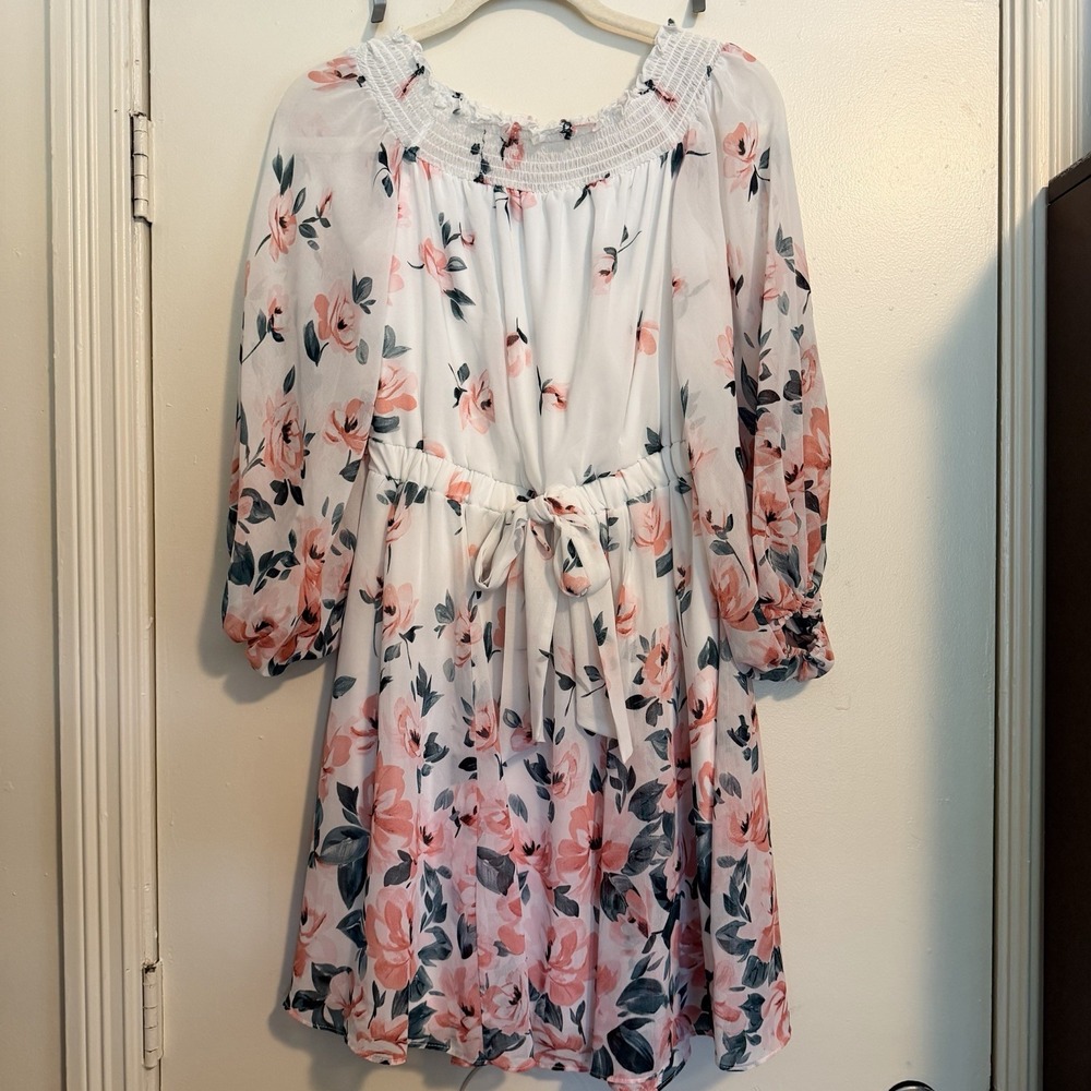 Premier Amour Floral Print Elastic Waist Bell Cuffs Mini Dress Coquette Fairy 12